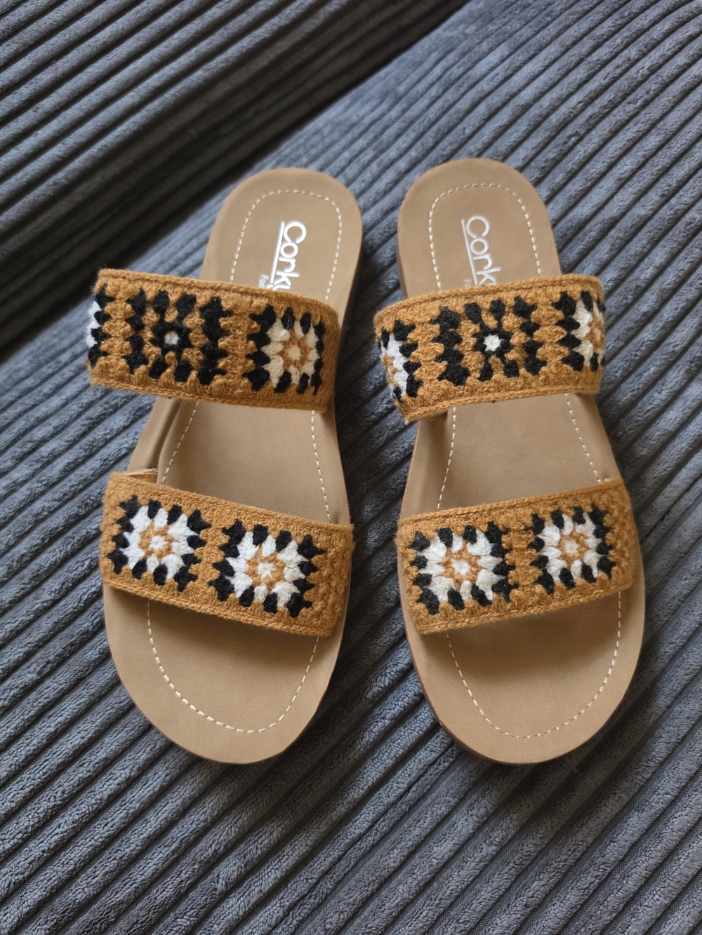 Corkys "Toodles" Crochet Double Strap Slide Sandals — Women’s Size 9